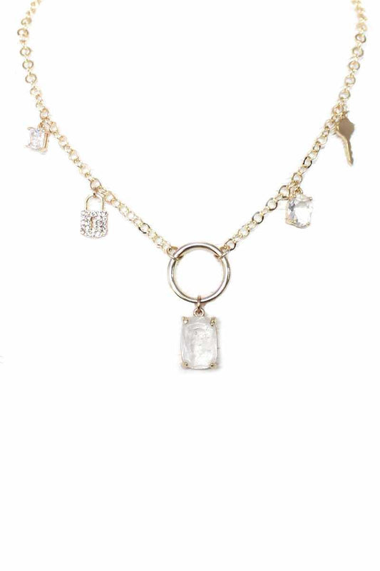Metal Chain Crystal Stone Lock And Key Dangle Necklace | Mixtshop LLC