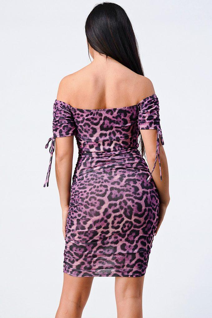 Leopard Print Off Shoulder Shirring Bodycon Dress | Mixtshop LLC