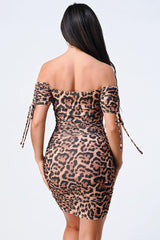 Leopard Print Off Shoulder Shirring Bodycon Dress | Mixtshop LLC