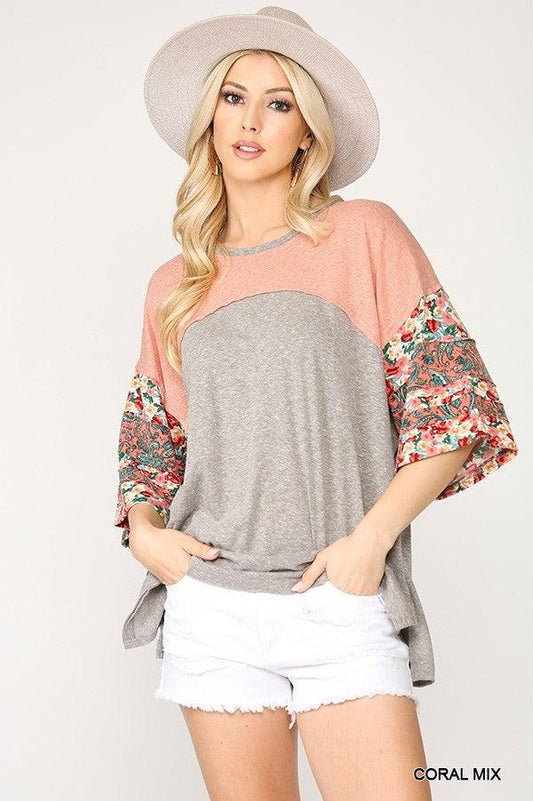 Colorblock Knit And Floral Print Mixed Top With Dolman Sleeve | Mixtshop LLC