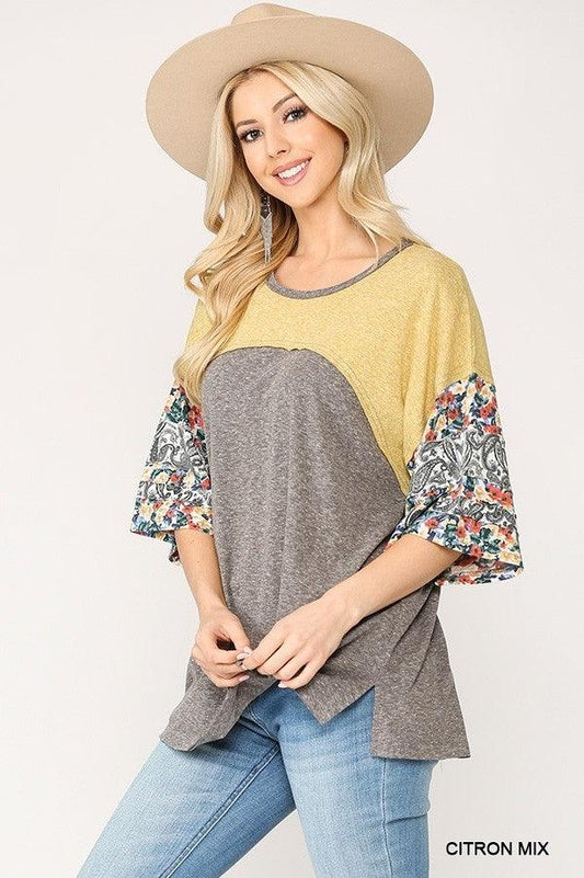 Colorblock Knit And Floral Print Mixed Top With Dolman Sleeve | Mixtshop LLC
