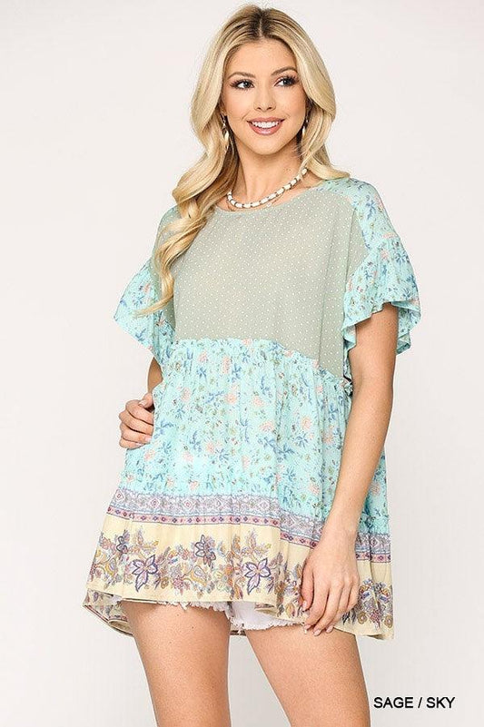 Dot And Floral Print Mixed Ruffle Top With Back Keyhole | Mixtshop LLC