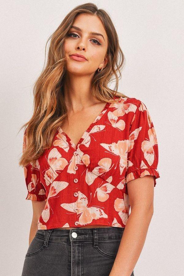 Butterfly Vneck Crop Smocked Back Waist | Mixtshop LLC