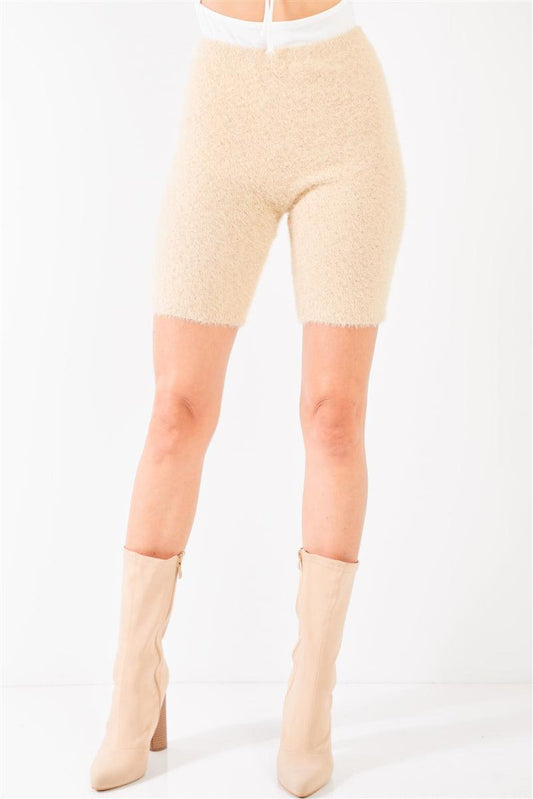 Oatmeal Beige Knit High Waist Stretchy Warm Fuzzy Biker Shorts | Mixtshop LLC