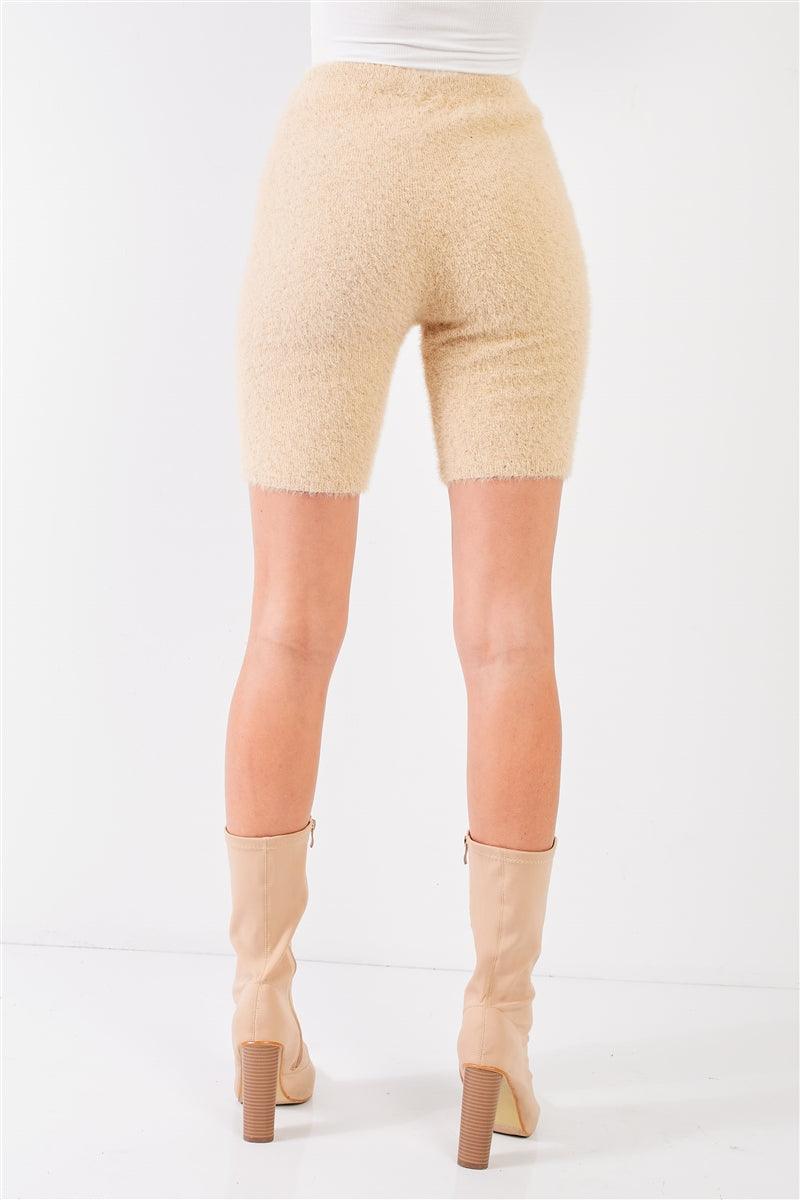 Oatmeal Beige Knit High Waist Stretchy Warm Fuzzy Biker Shorts | Mixtshop LLC