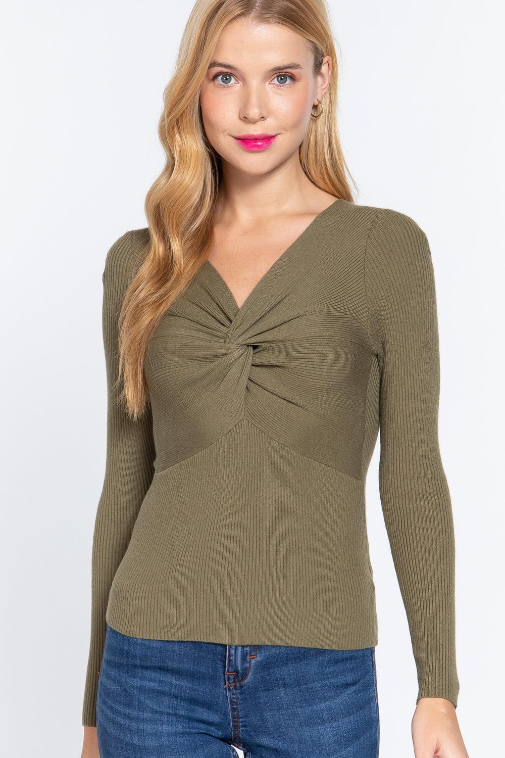 Long Slv V-neck Knotted Sweater | Mixtshop LLC