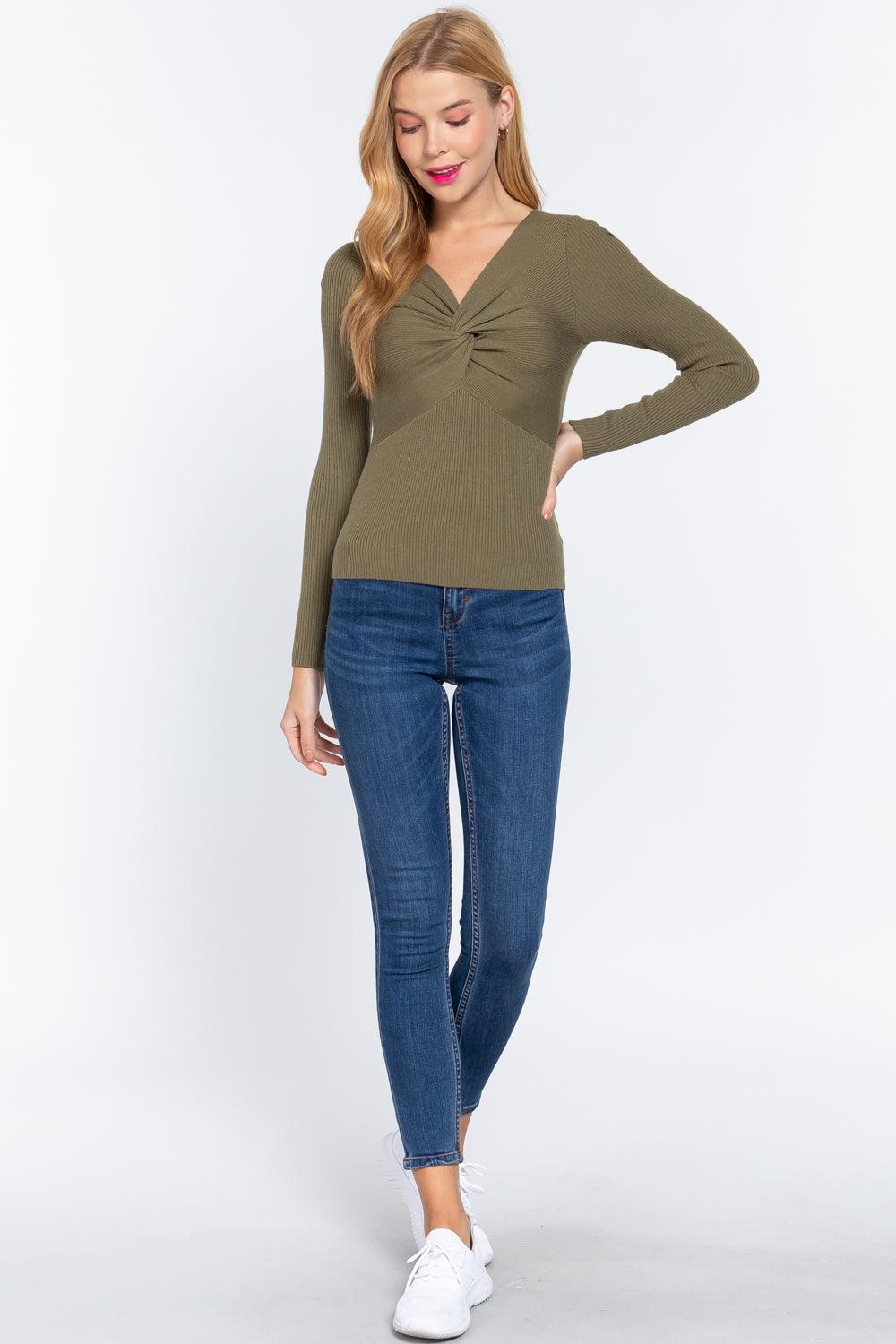 Long Slv V-neck Knotted Sweater | Mixtshop LLC