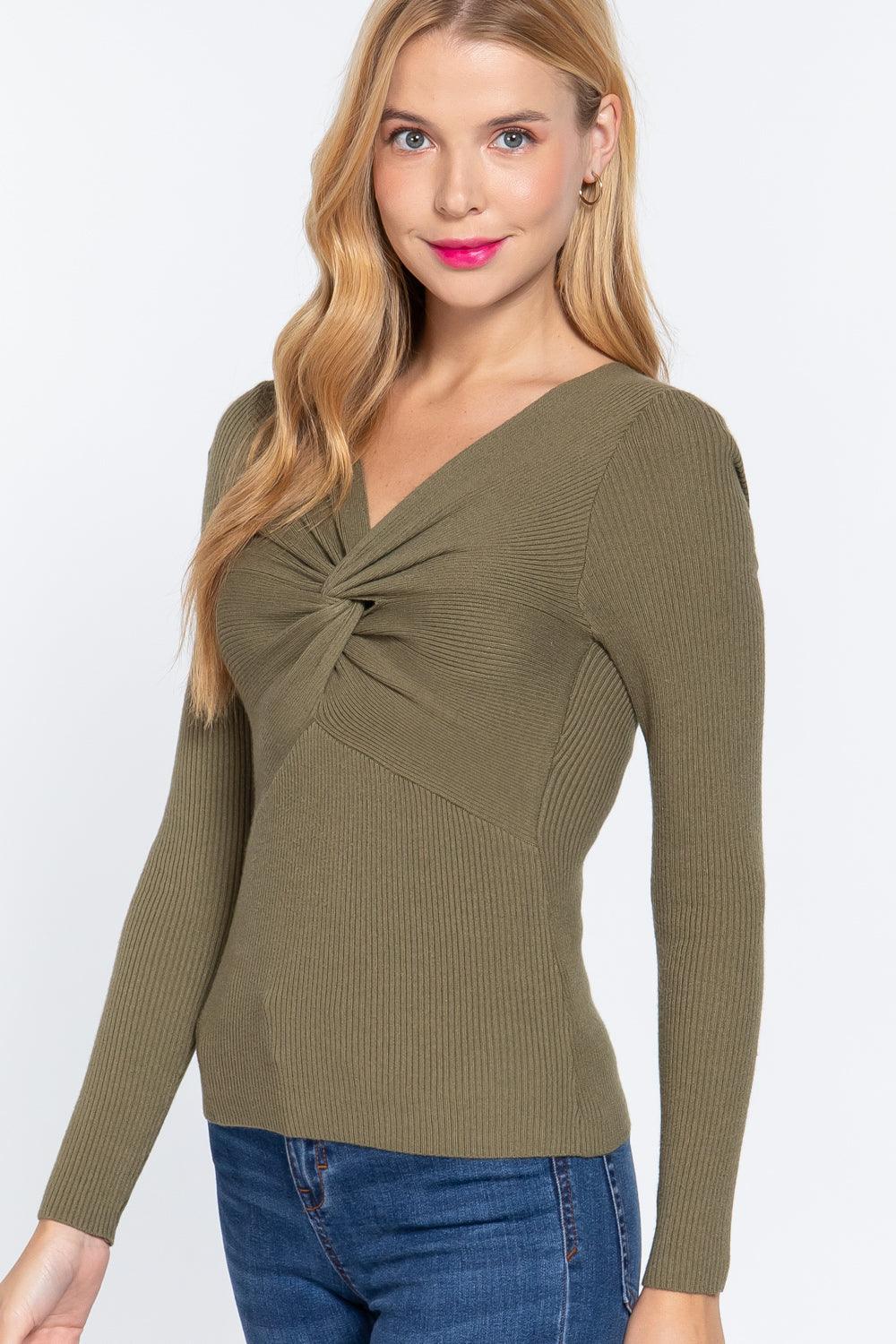 Long Slv V-neck Knotted Sweater | Mixtshop LLC
