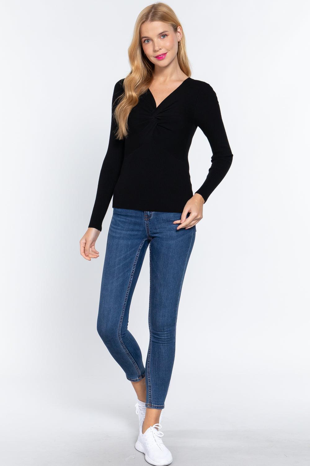 Long Slv V-neck Knotted Sweater | Mixtshop LLC