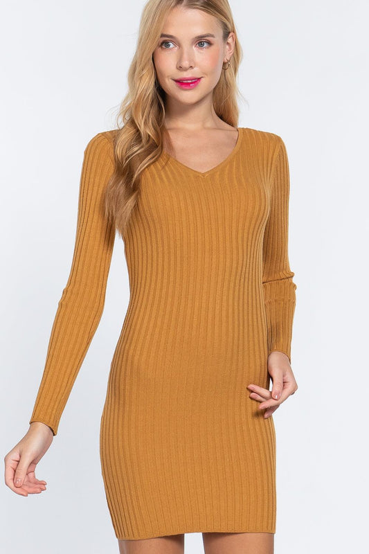 Long Slv V-neck Sweater Mini Dress | Mixtshop LLC