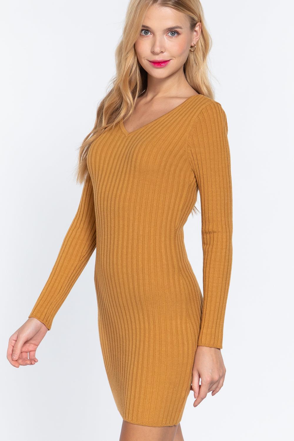 Long Slv V-neck Sweater Mini Dress | Mixtshop LLC