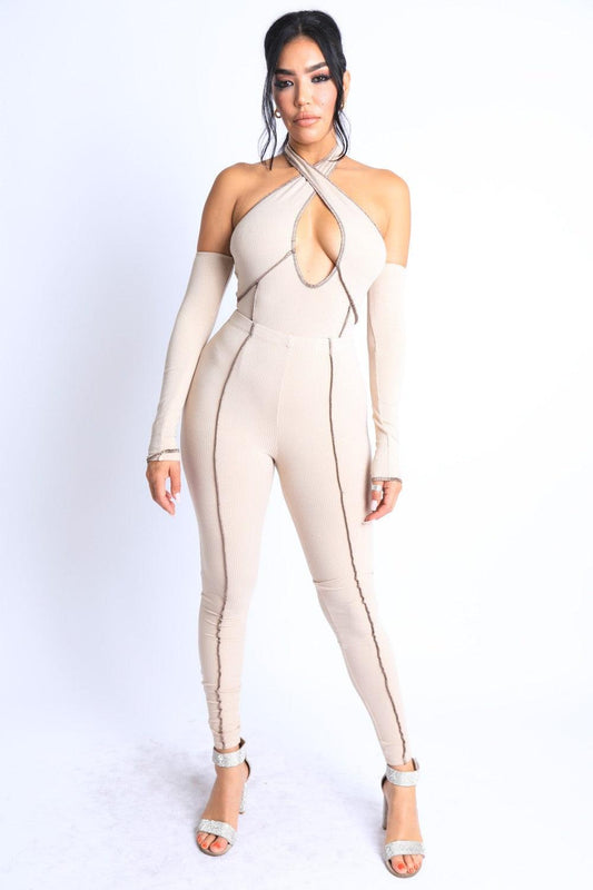 Overlock Detailed Cross Halter Keyhole Neck Off Shoulder Set | Mixtshop LLC