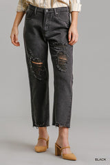 5 Pockets Non-stretch Straight Cut Distressed Denim Jeans With Raw Hem | Mixtshop LLC