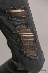 5 Pockets Non-stretch Straight Cut Distressed Denim Jeans With Raw Hem | Mixtshop LLC