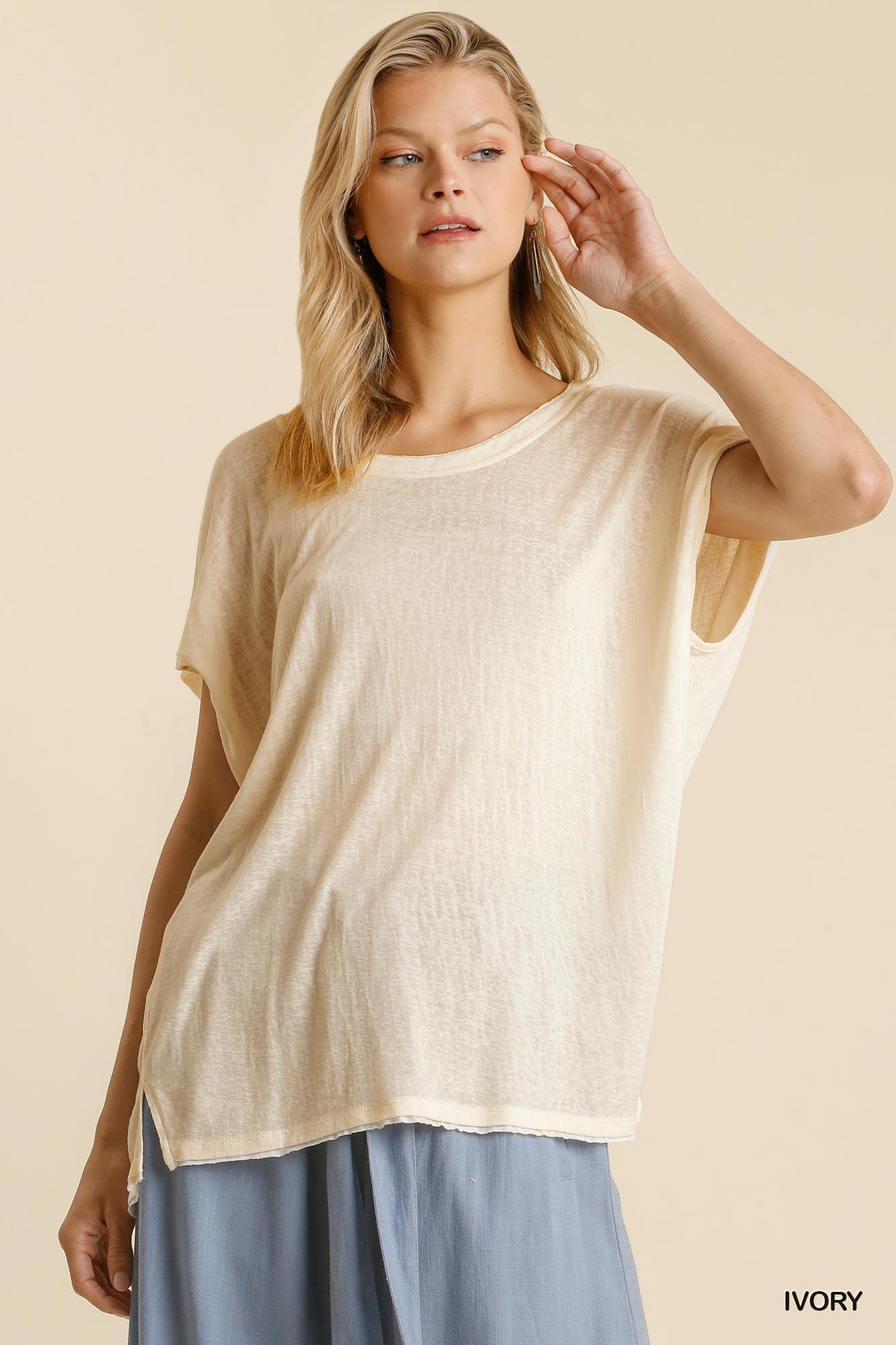 Short Sheer Dolman Sleeve Scoop Neck Top With Side Slit | Mixtshop LLC