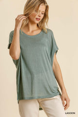 Short Sheer Dolman Sleeve Scoop Neck Top With Side Slit | Mixtshop LLC
