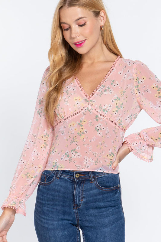 Ruffle Slv Floral Print Chiffon Top | Mixtshop LLC