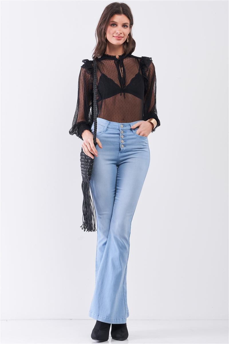 Black Sheer Mesh Polka Dot Frill Trim Long Sleeve Bodysuit | Mixtshop LLC