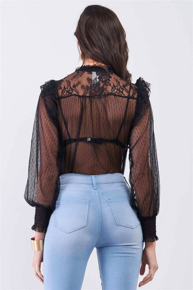 Black Sheer Mesh Polka Dot Frill Trim Long Sleeve Bodysuit | Mixtshop LLC