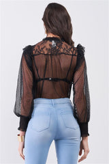 Black Sheer Mesh Polka Dot Frill Trim Long Sleeve Bodysuit | Mixtshop LLC