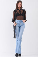 Black Sheer Mesh Polka Dot Frill Trim Long Sleeve Bodysuit | Mixtshop LLC