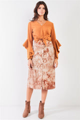 Fuzzy long ruffle sleeve v-neck self-tie front detail cropped top | Mixtshop LLC