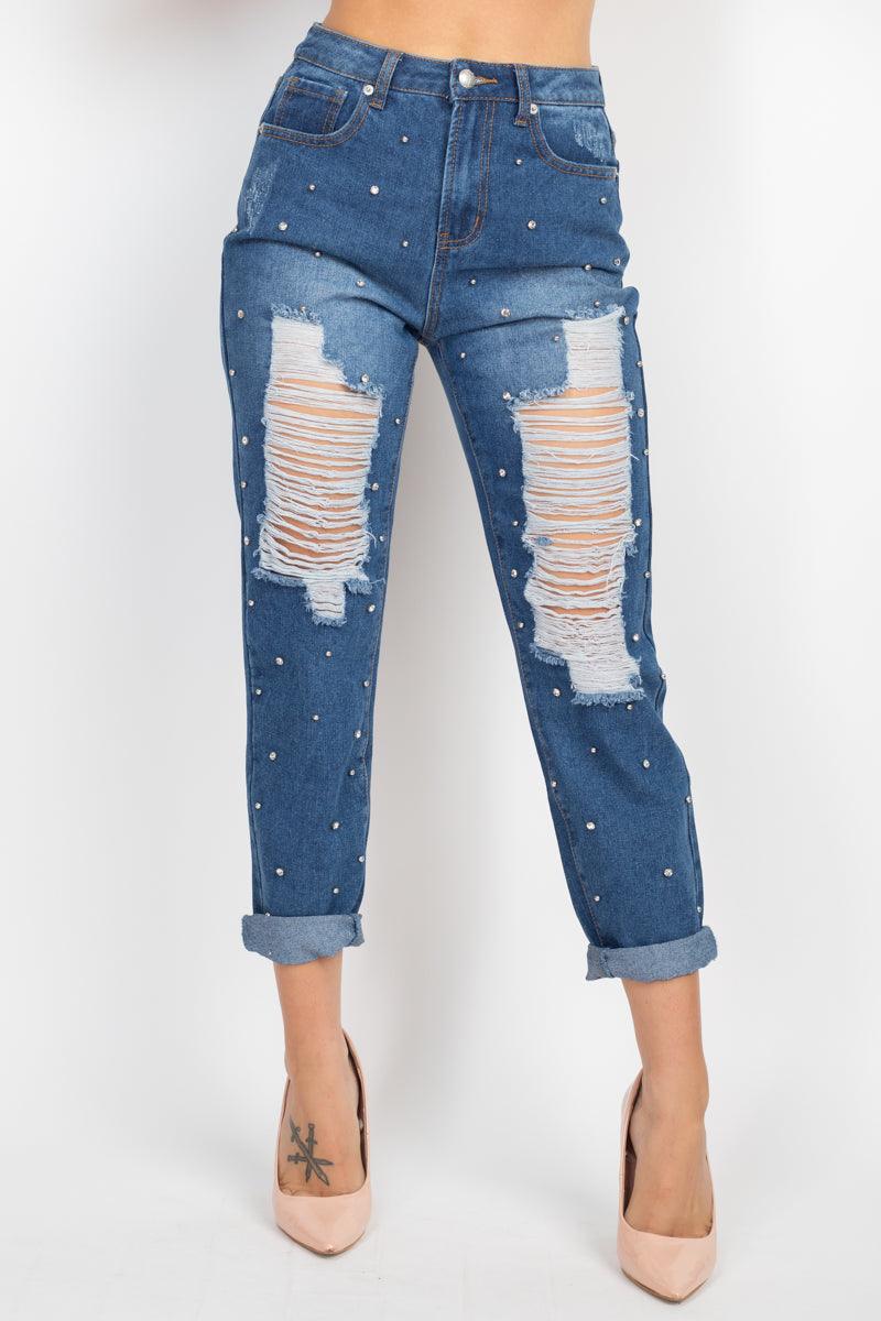Rhinestones Ripped-front Denim Jeans | Mixtshop LLC