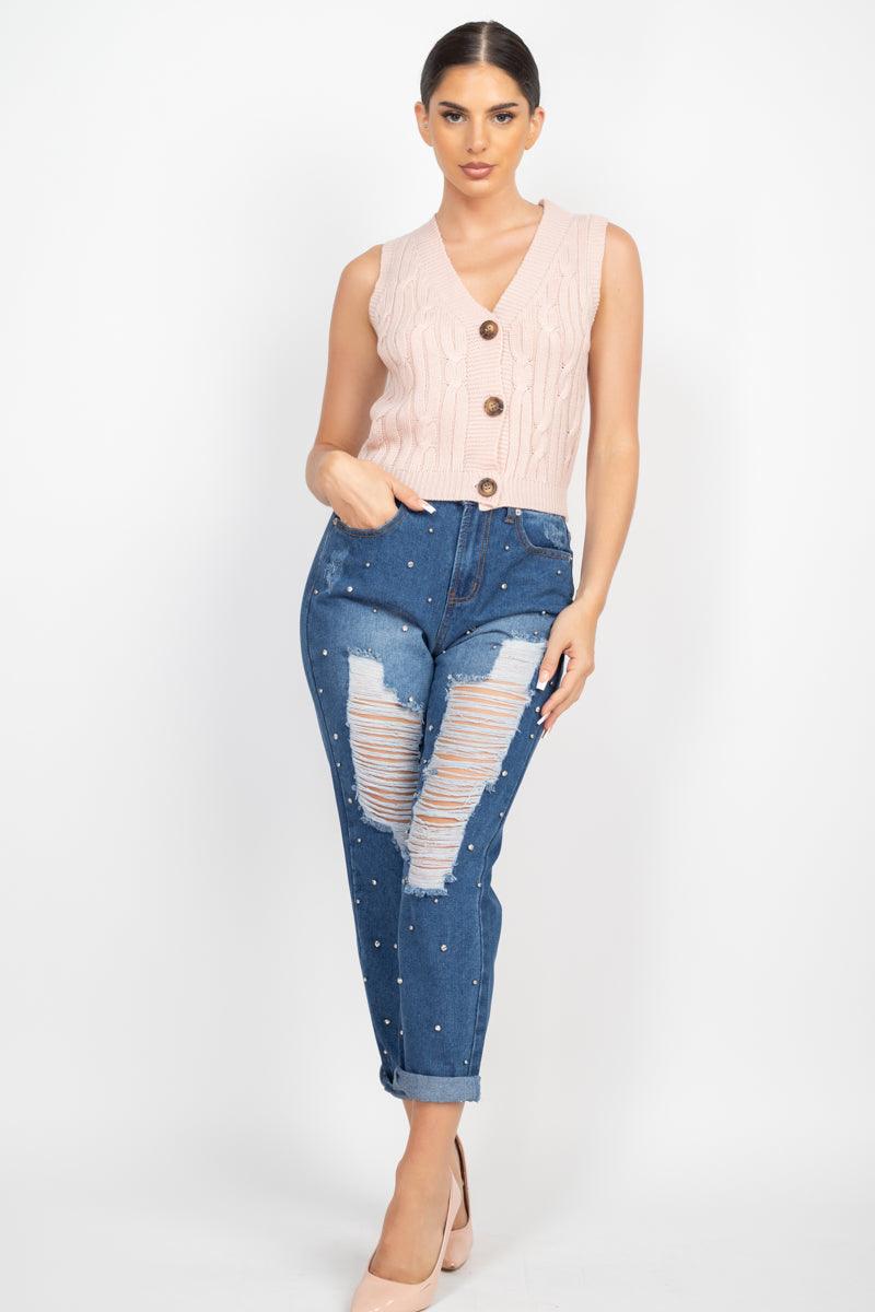 Rhinestones Ripped-front Denim Jeans | Mixtshop LLC