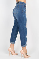 Rhinestones Ripped-front Denim Jeans | Mixtshop LLC