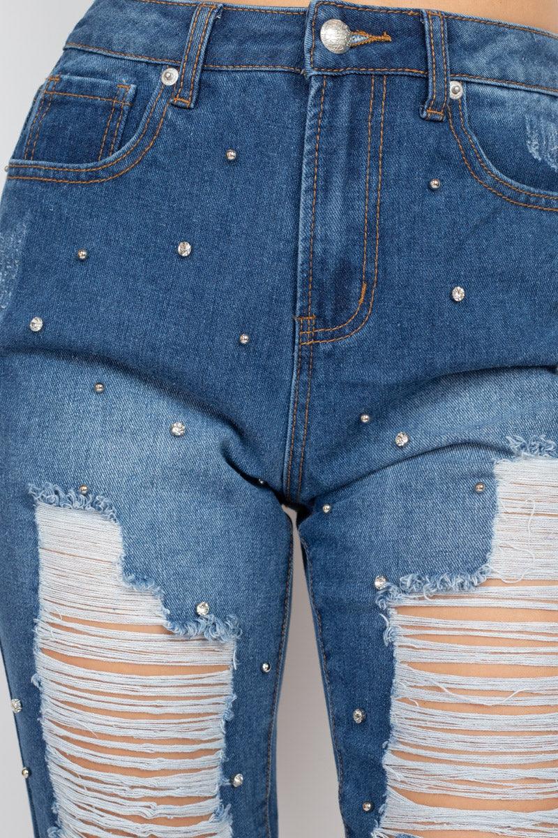 Rhinestones Ripped-front Denim Jeans | Mixtshop LLC