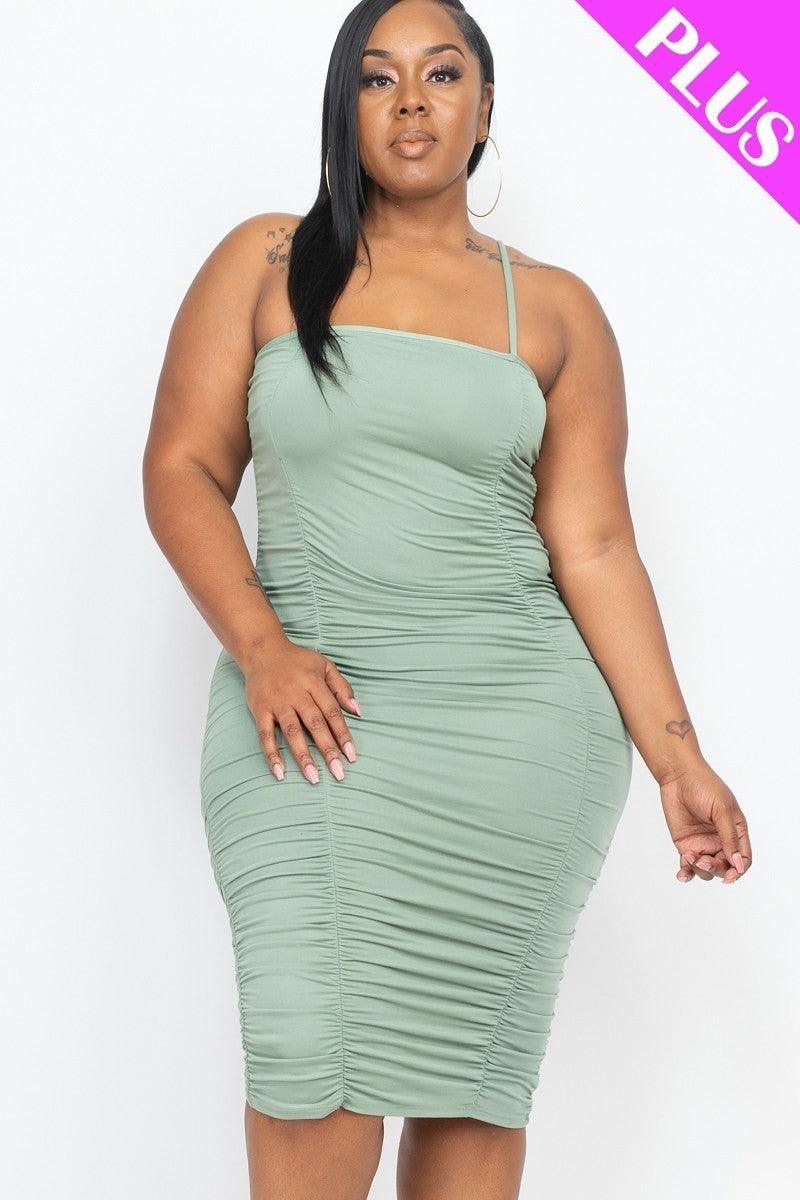 Plus Size Double Ruched Front And Ruched Back Detail Mini Dress | Mixtshop LLC
