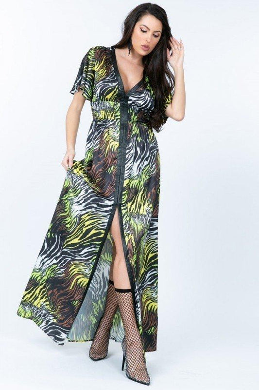 Deep V Neck Slit Zebra Print Long Dress | Mixtshop LLC