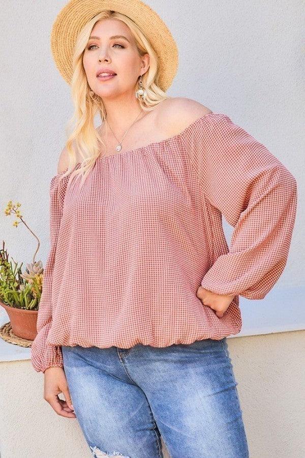 Off Shoulder Long Bubble Sleeve Plaid Top | Mixtshop LLC