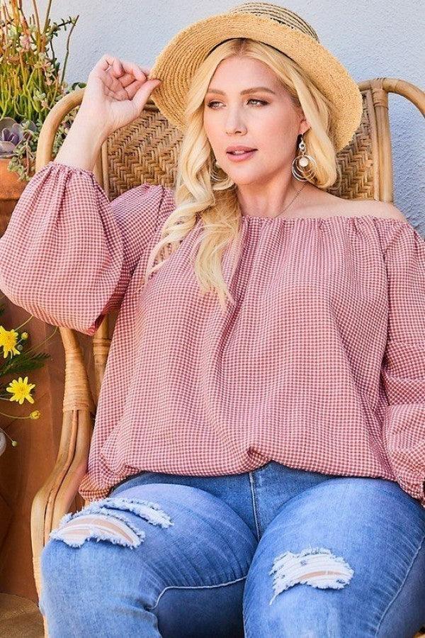 Off Shoulder Long Bubble Sleeve Plaid Top | Mixtshop LLC