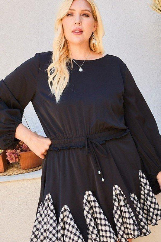 Round Neck 3/4 Bubble Sleeve Gingham Ruffle Romper | Mixtshop LLC