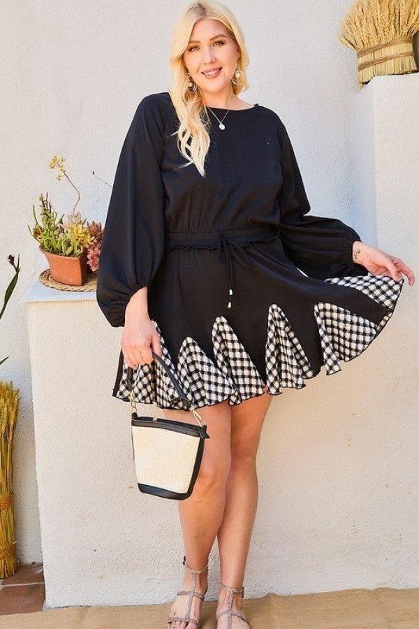 Round Neck 3/4 Bubble Sleeve Gingham Ruffle Romper | Mixtshop LLC