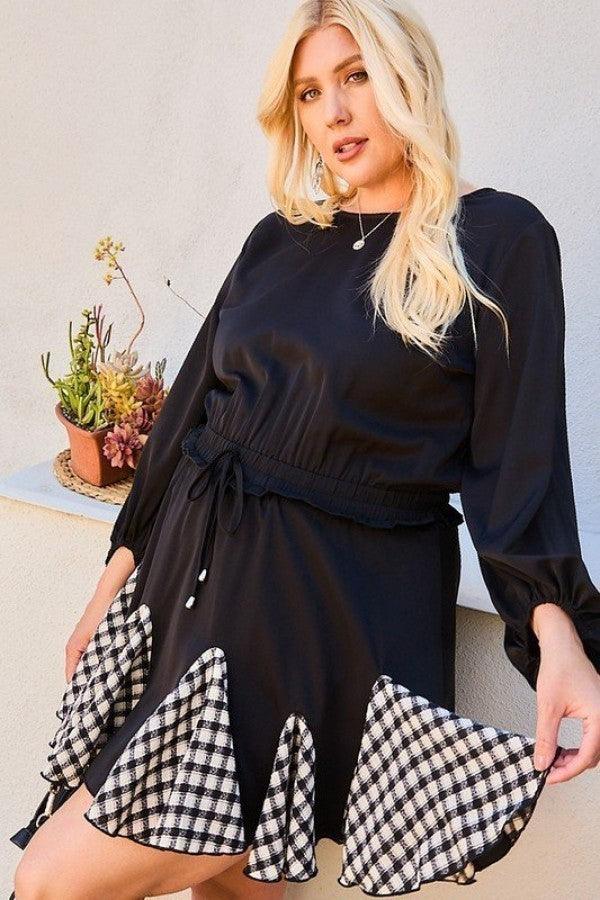 Round Neck 3/4 Bubble Sleeve Gingham Ruffle Romper | Mixtshop LLC