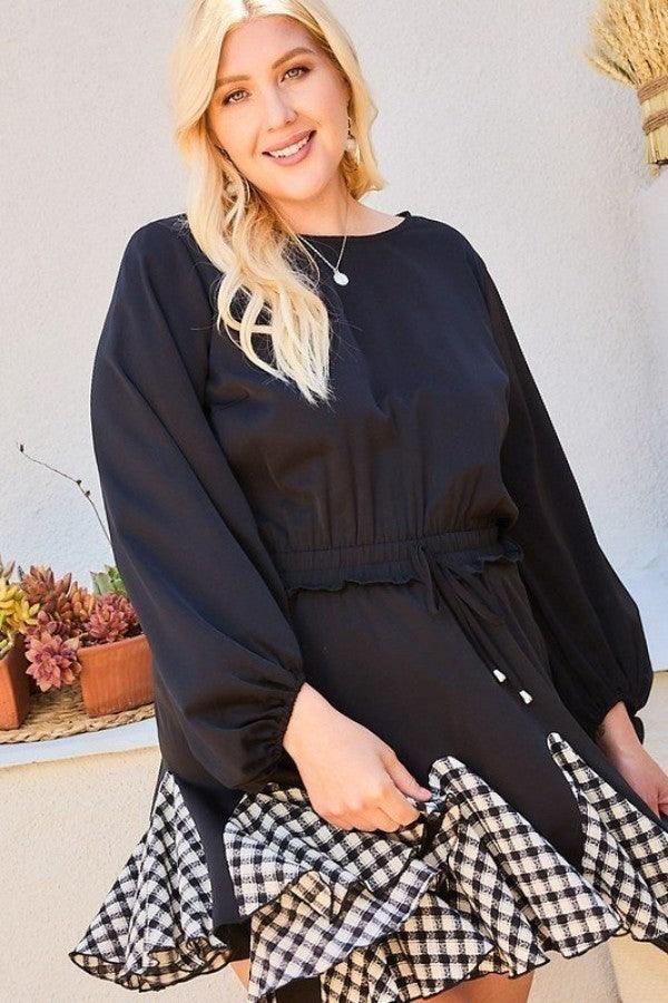 Round Neck 3/4 Bubble Sleeve Gingham Ruffle Romper | Mixtshop LLC