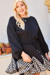 Round Neck 3/4 Bubble Sleeve Gingham Ruffle Romper | Mixtshop LLC