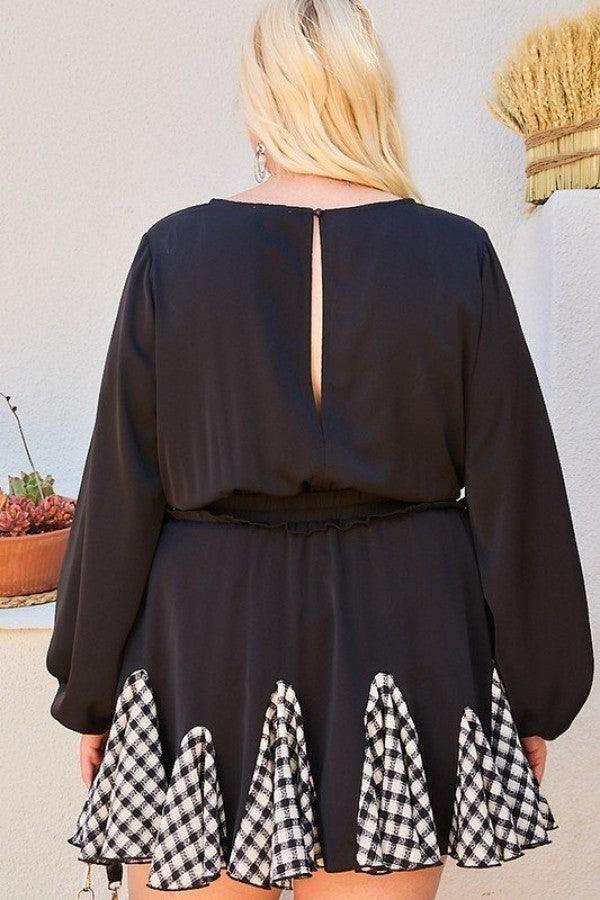 Round Neck 3/4 Bubble Sleeve Gingham Ruffle Romper | Mixtshop LLC