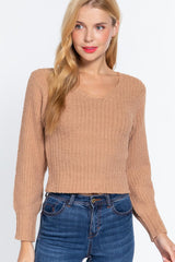 Long Puff Slv V-neck Rib Sweater | Mixtshop LLC