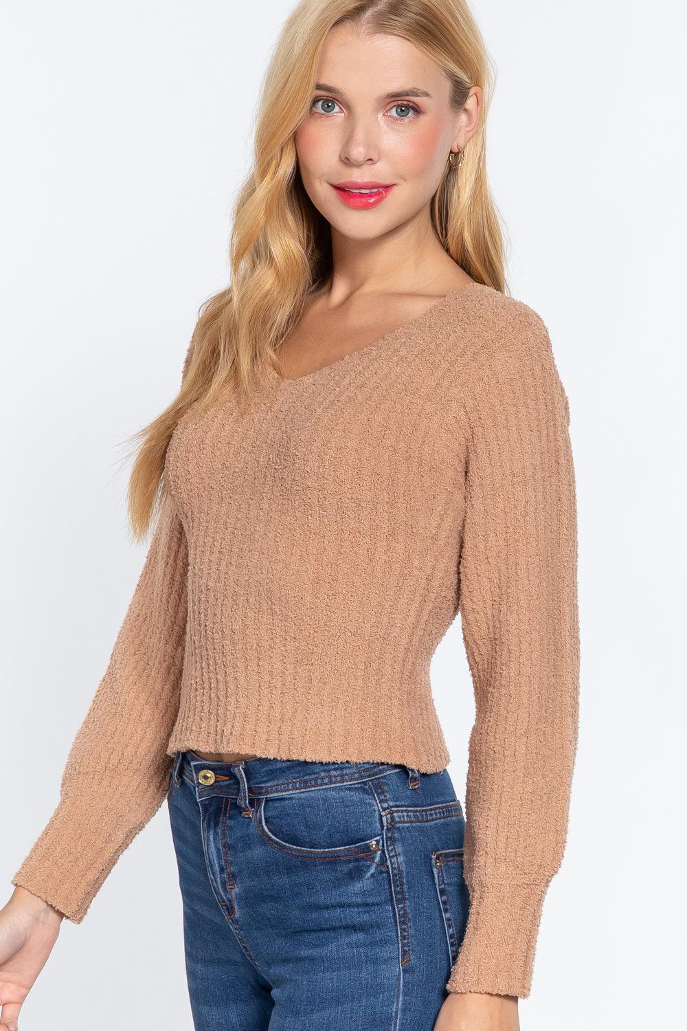 Long Puff Slv V-neck Rib Sweater | Mixtshop LLC