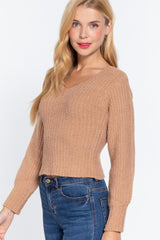 Long Puff Slv V-neck Rib Sweater | Mixtshop LLC