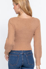 Long Puff Slv V-neck Rib Sweater | Mixtshop LLC