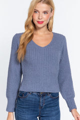 Long Puff Slv V-neck Rib Sweater | Mixtshop LLC