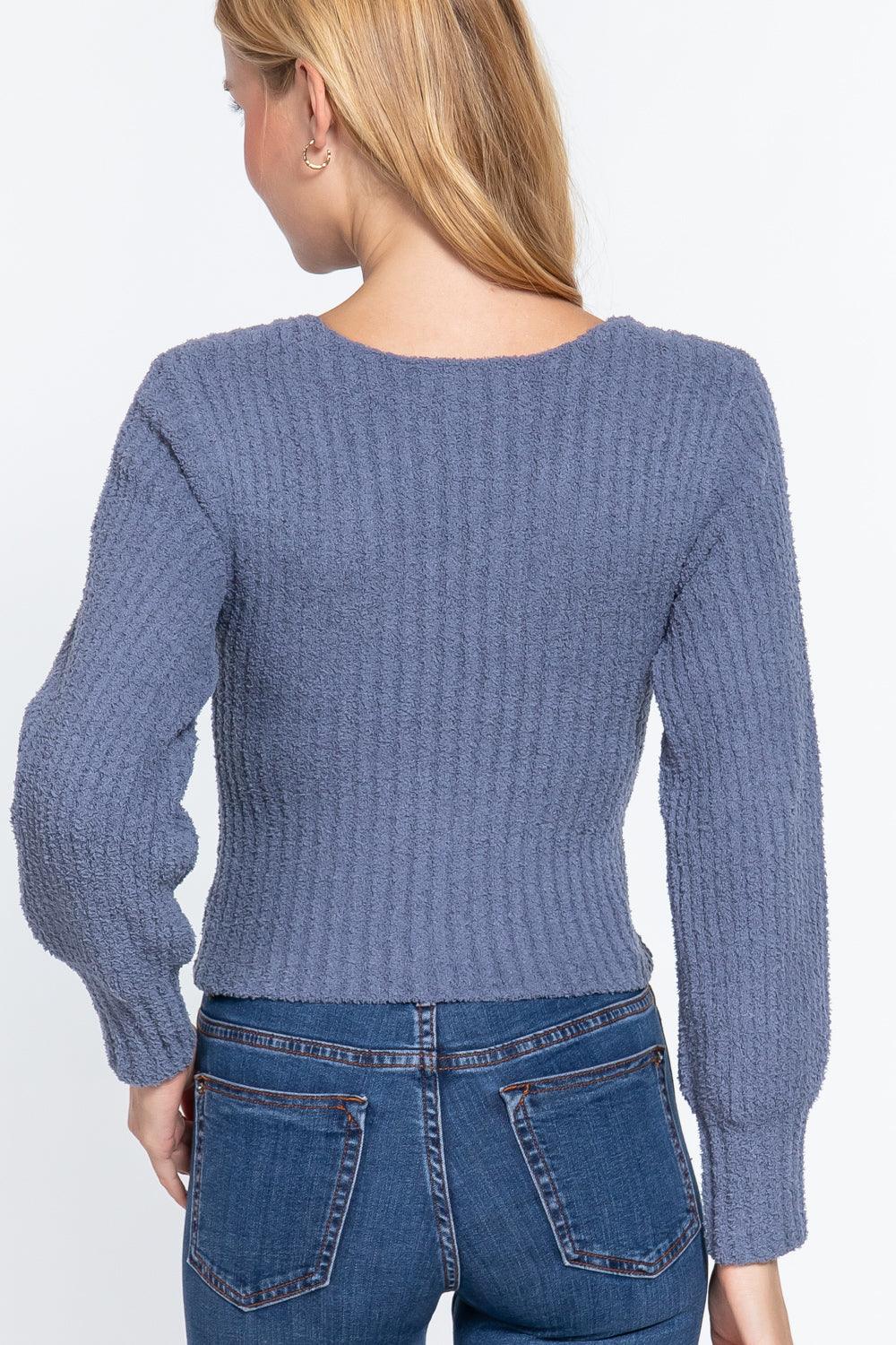 Long Puff Slv V-neck Rib Sweater | Mixtshop LLC