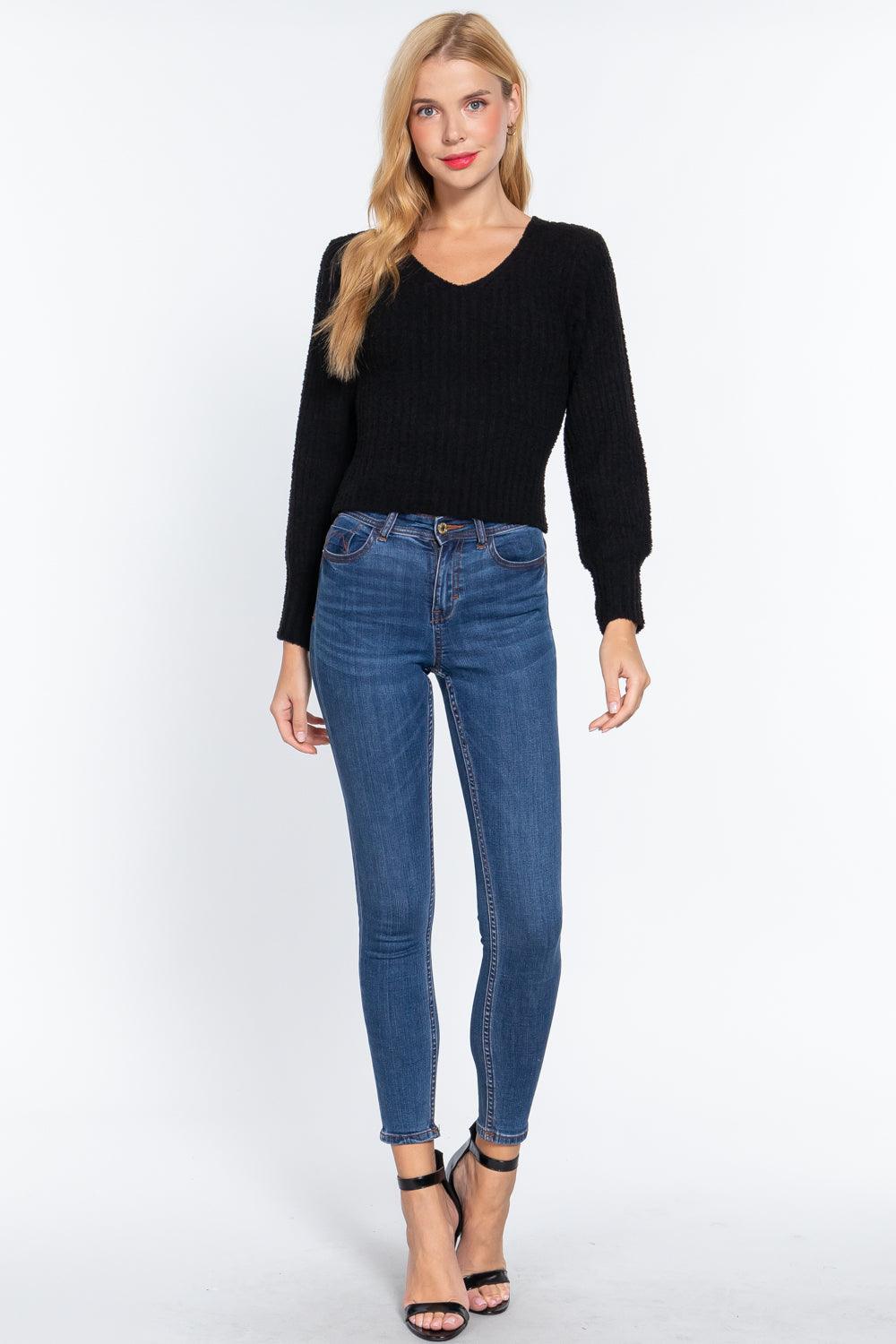 Long Puff Slv V-neck Rib Sweater | Mixtshop LLC