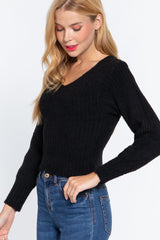 Long Puff Slv V-neck Rib Sweater | Mixtshop LLC