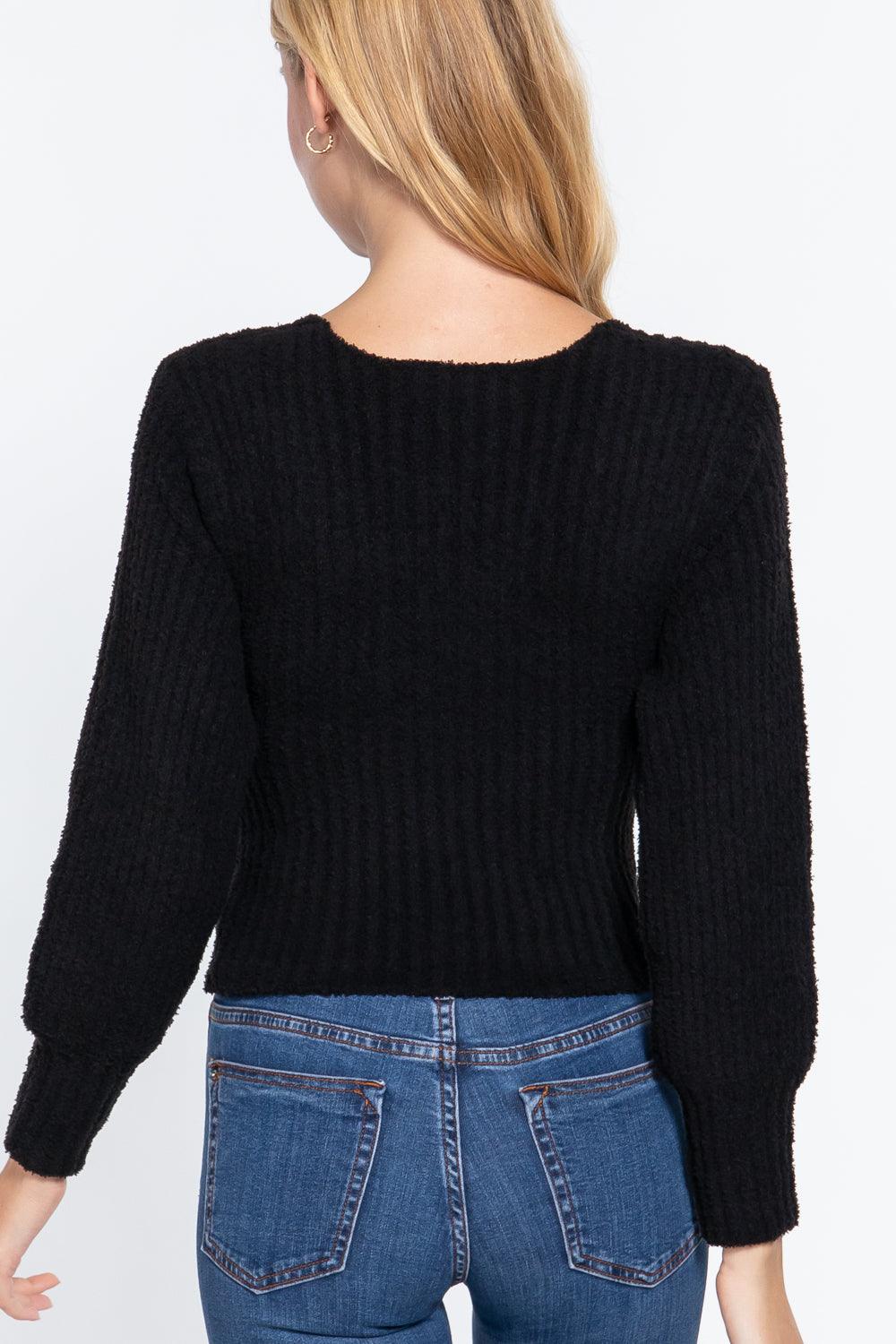 Long Puff Slv V-neck Rib Sweater | Mixtshop LLC