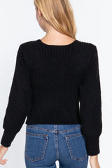 Long Puff Slv V-neck Rib Sweater | Mixtshop LLC